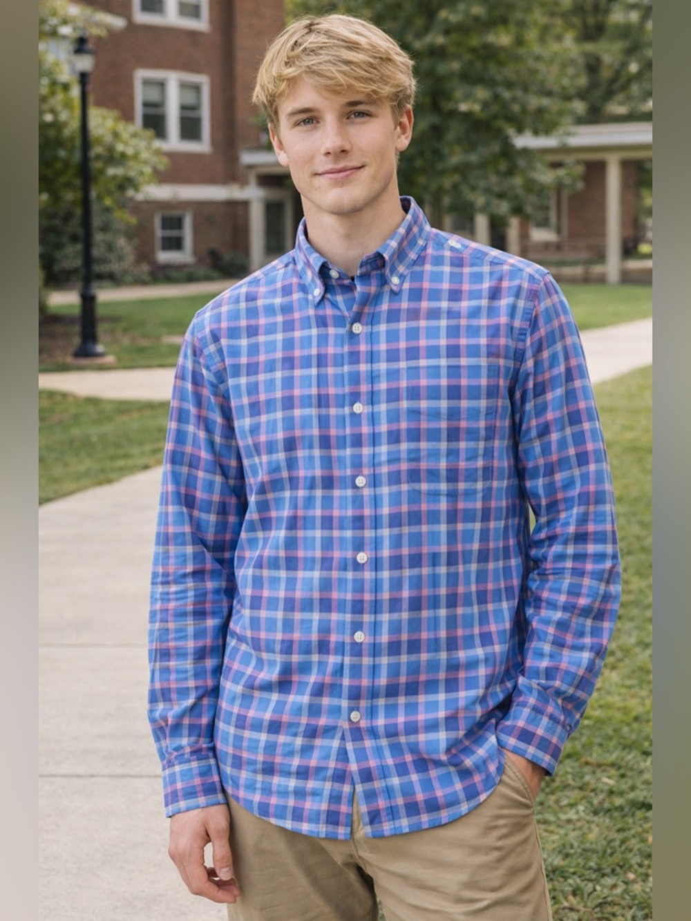 Vineyard Vines Crosby Slim Fit Shirt M Blue Pink Plaid Button Down Cotton Linen